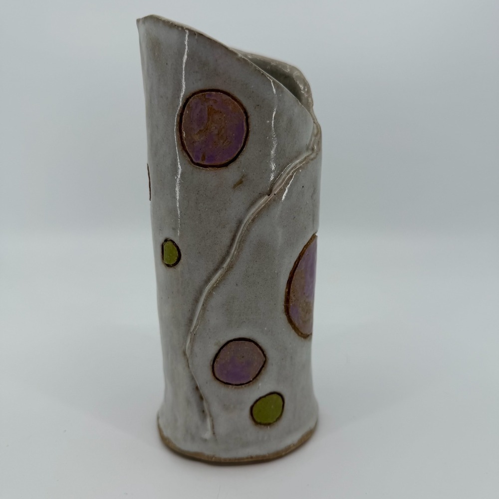 Vtg Studio Pottery Vase Signed Dated Purple Green Polka Dot Handmade Ceramic - Picture 3 of 8